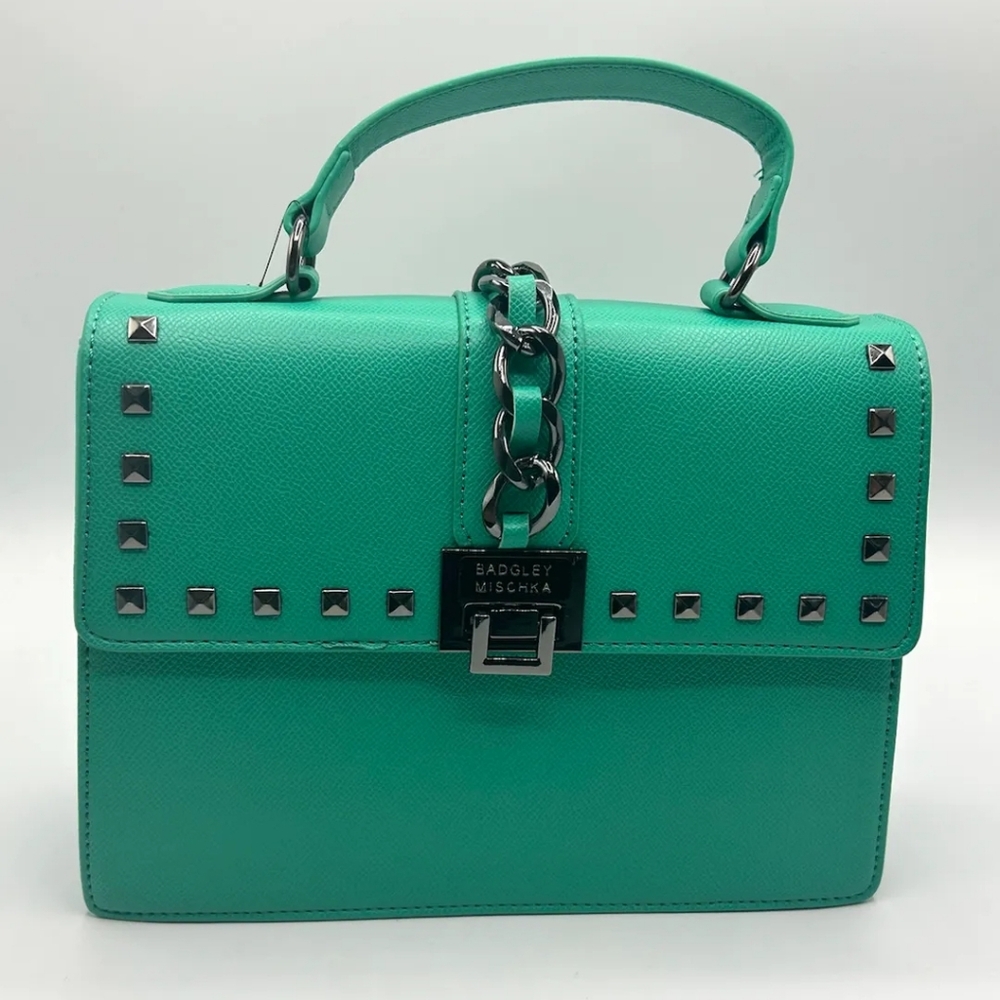 Badgley Mischka Green Leather Top-Handle Crossbody with Silver Studs